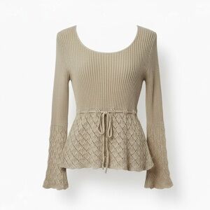 Vintage Y2K Rave Knit Crochet Bell Sleeve Babydoll Top Beige Boho 90s USA Large